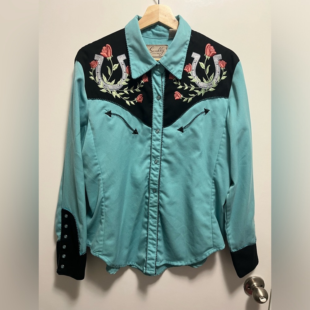 Scully Teal Western Embroidered Snap-Front Shirt with Black Yoke